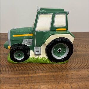 John Deere Green and White Toy Tractor cookie or treat jar. 1900s Vintage
